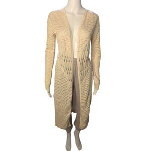 Women's Long Cardigan Sz M Intricate Knit Design And Open Front Feminine Neutral